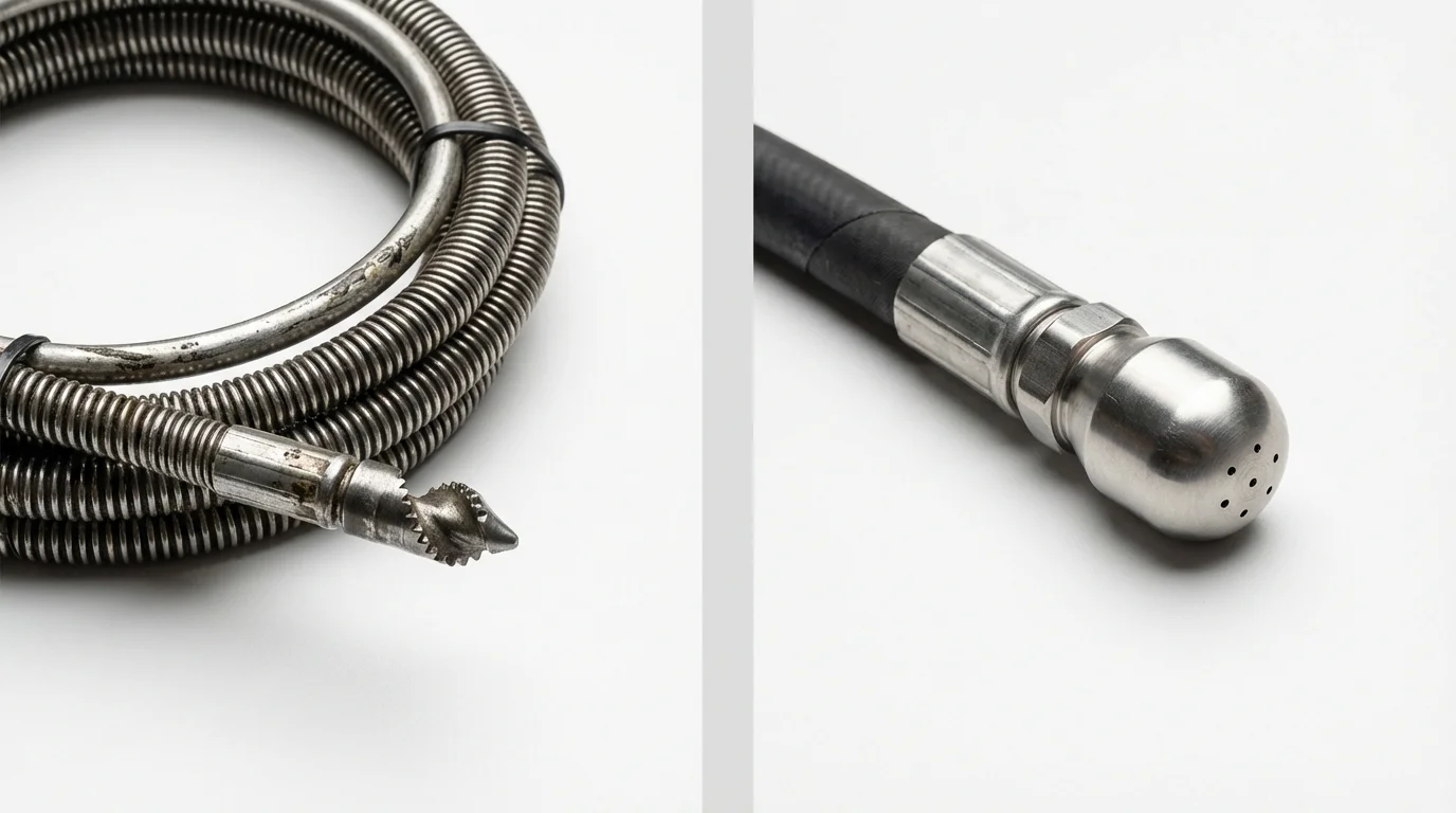 Drain snake cable and hydro jetting nozzle used for drain cleaning in Babylon, NY