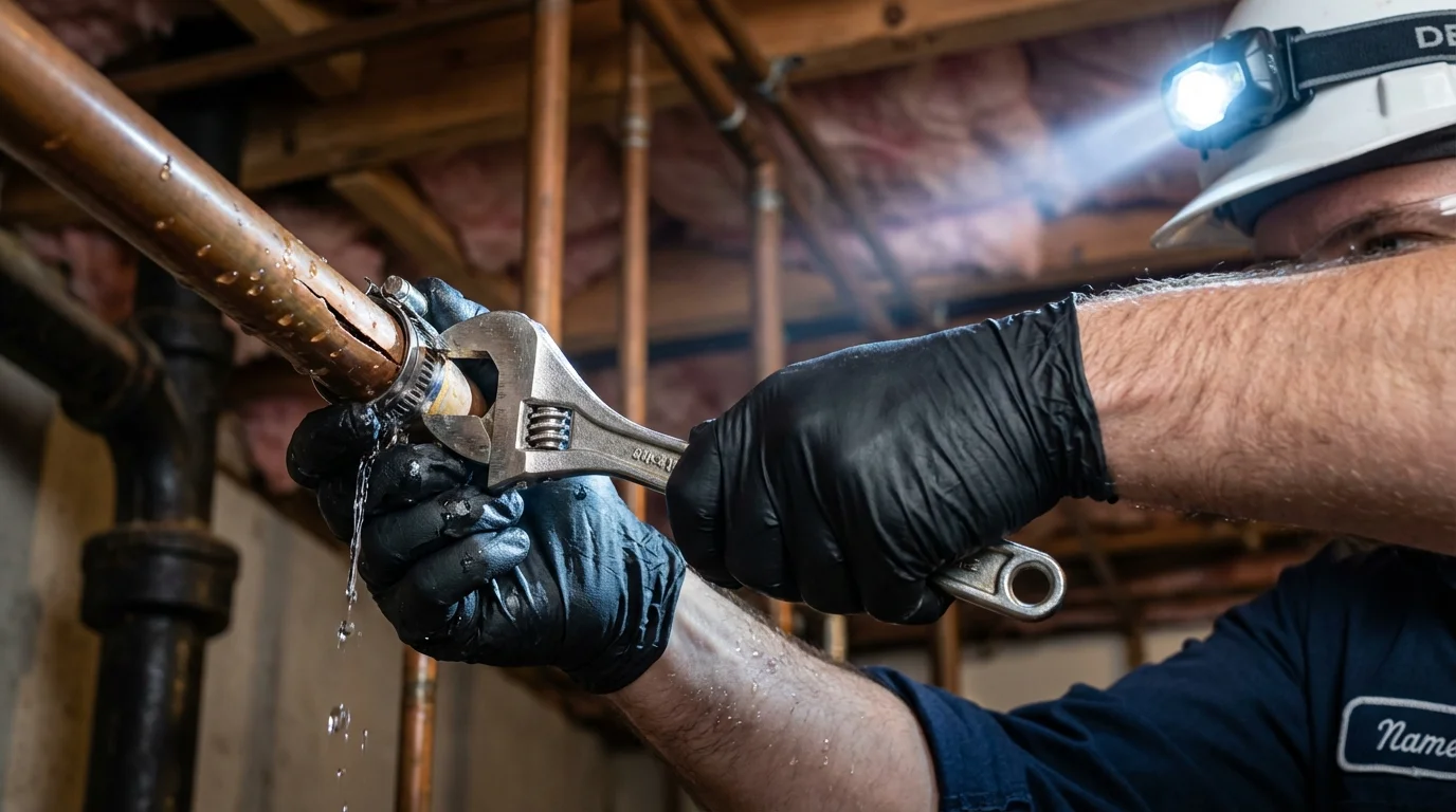 Emergency pipe clamp repair being performed by a Johns Plumbing LLC plumber in Babylon