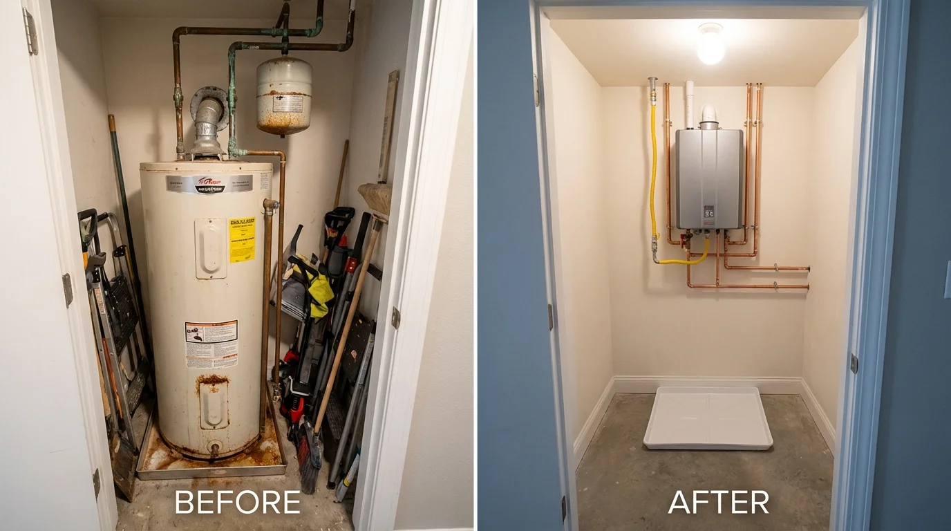 Tank water heater versus wall-mounted tankless unit comparison for Babylon, NY homeowners